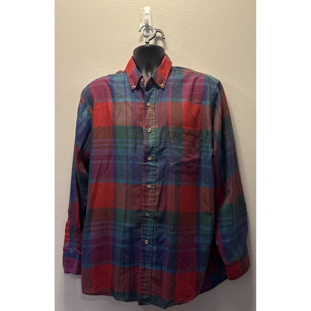 vtg Sears‎ Roebuck Button-Up Shirt Red Plaid Pocket Long Sleeves Mens large